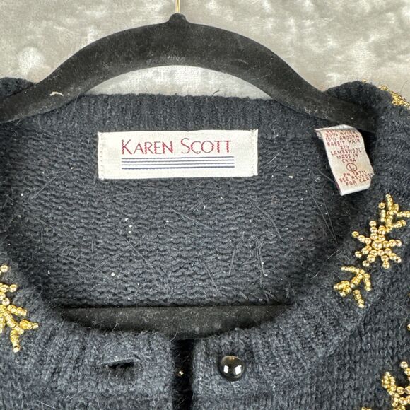 Karen Scott Silk Angora Cardigan Sweater Womens L Black Gold Bead Holiday (1052) - Picture 2 of 11